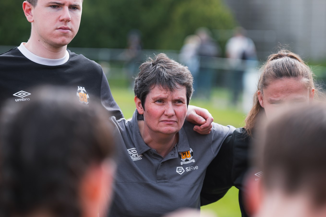 Liz Pamplin as part of a pre-match huddle for Cambridge United Women