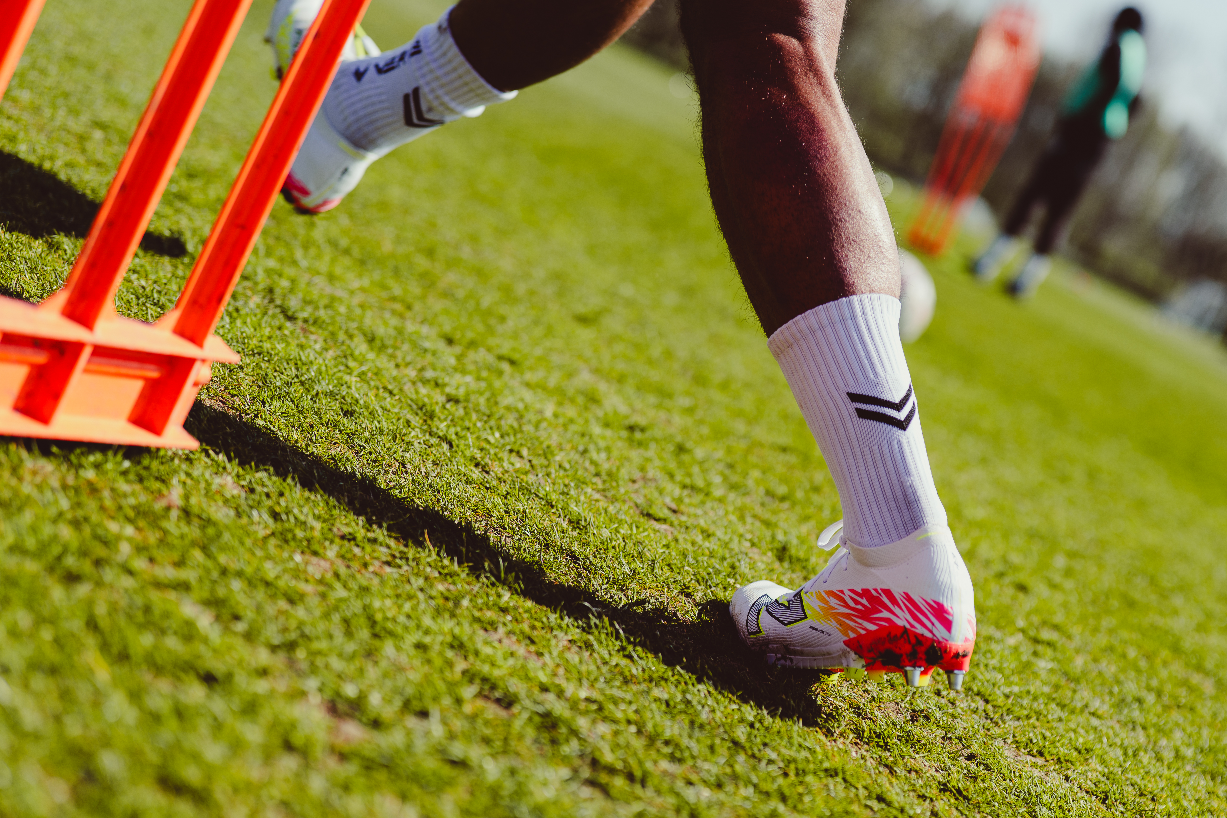 A close up of a player in training