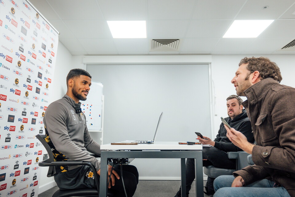 Elias Kachunga takes part in a pre-match press conference