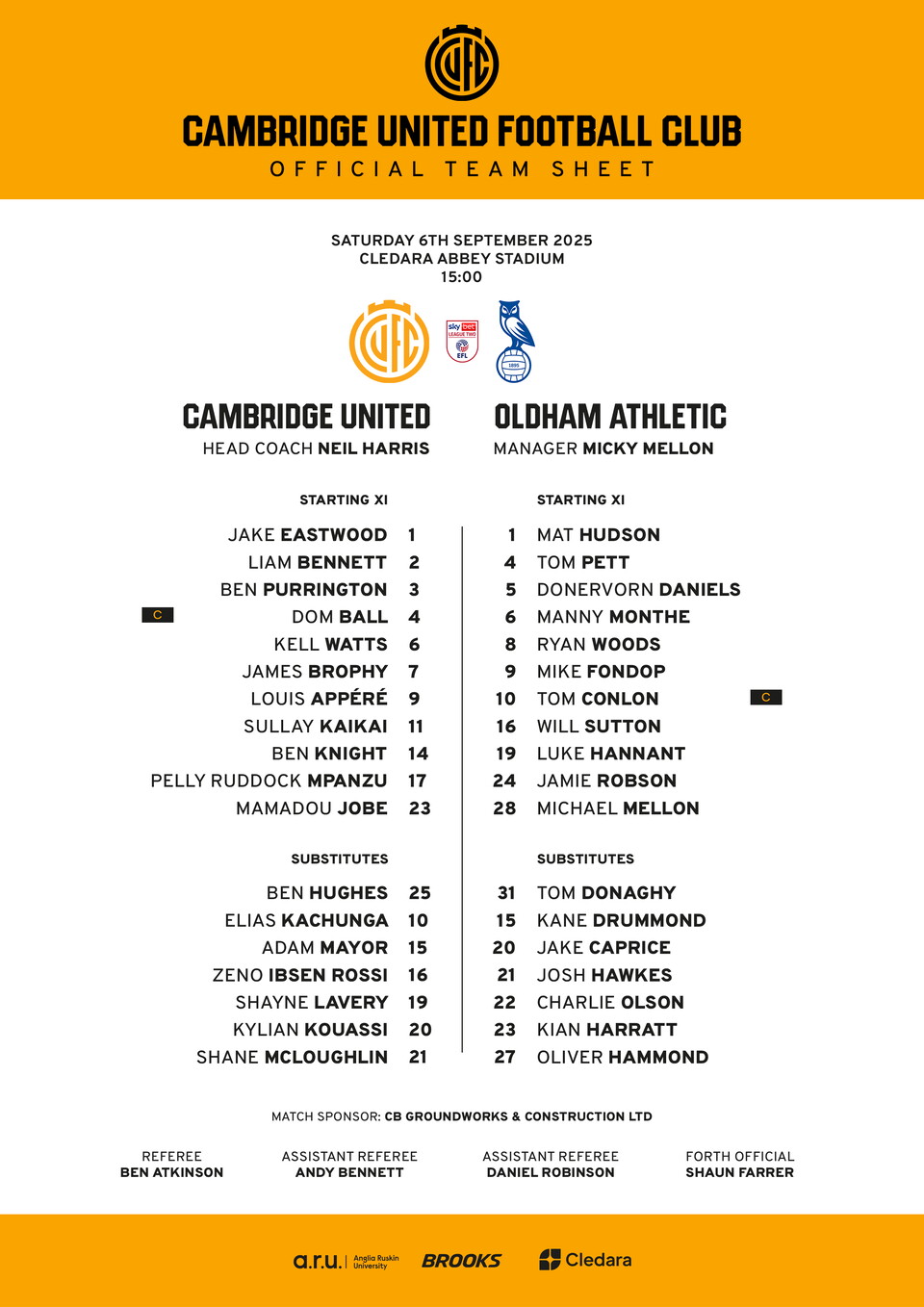 Oldham teamsheet