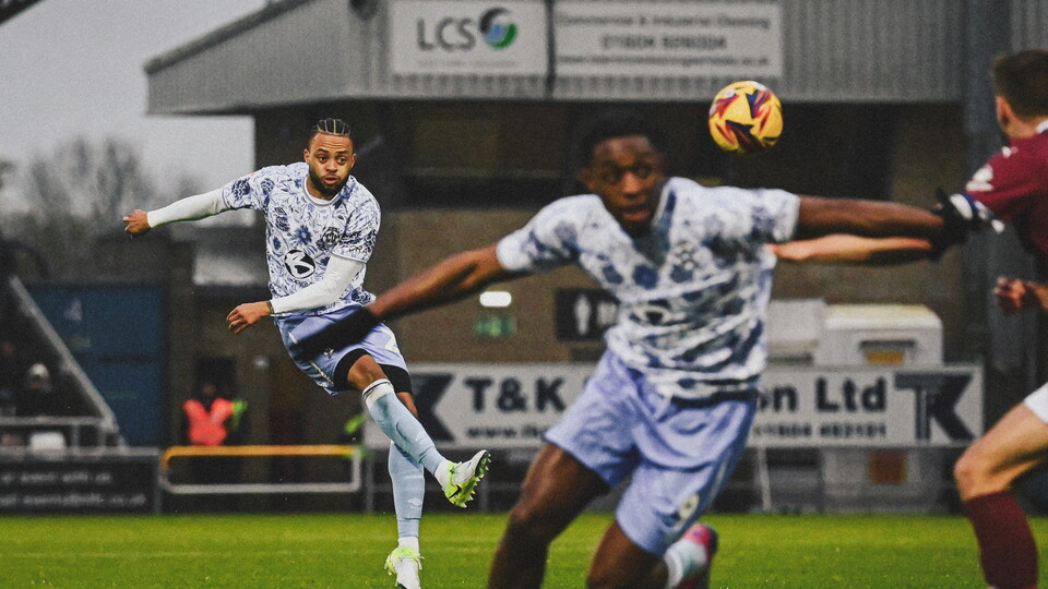 Jordan Cousins shoots at goal vs Northampton