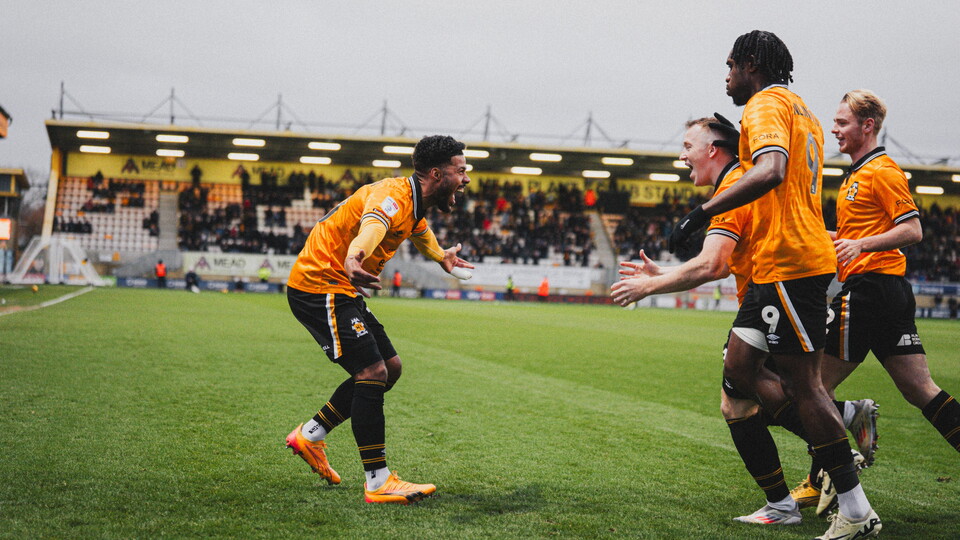 The team celebrate a goal against Shrewsbury