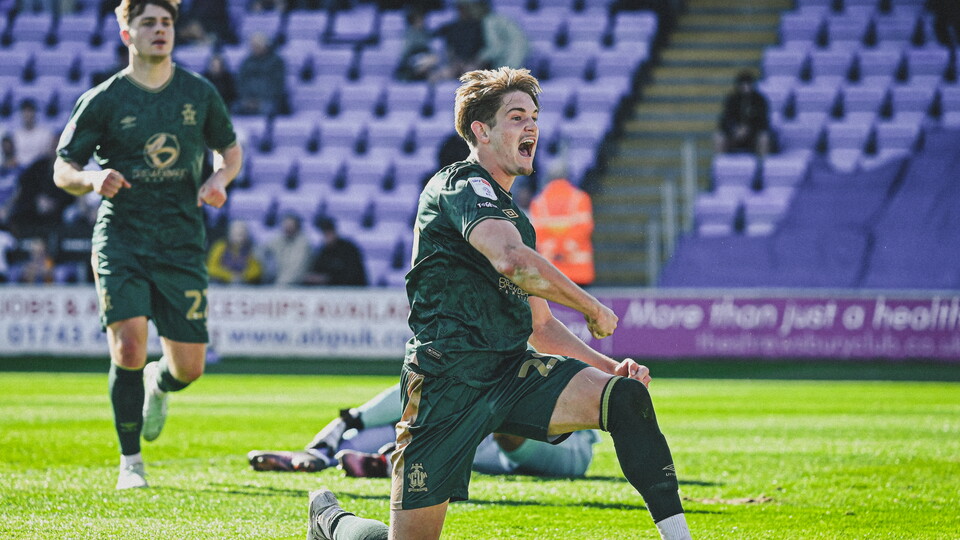 Dom Ballard celebrates scoring vs Shrewsbury