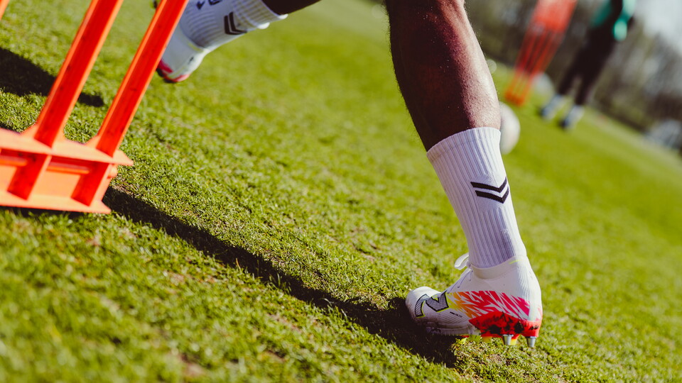 A close up of a player in training