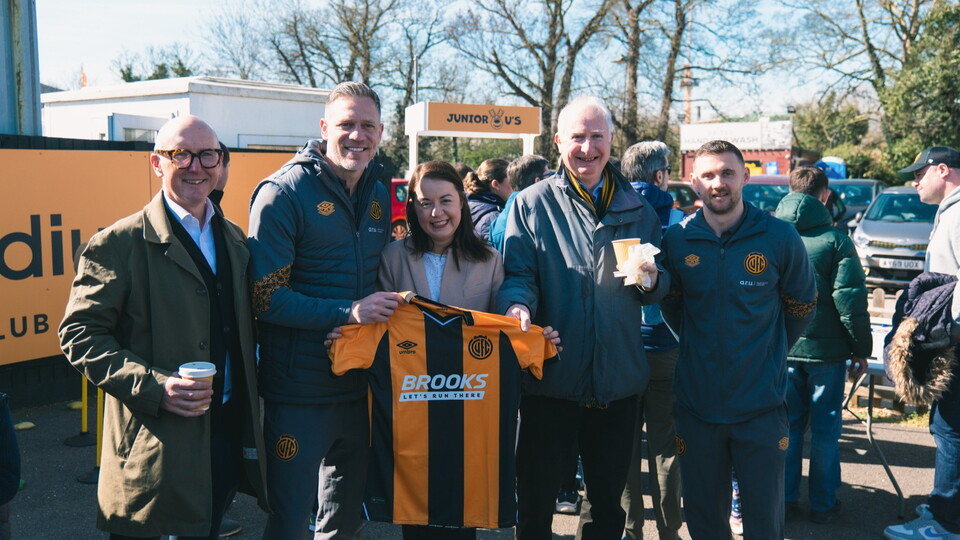 Sports Minister Stephanie Peacock, MP Daniel Zeichner and Godric Smith with Michael Morrison and Shane McLoughlin