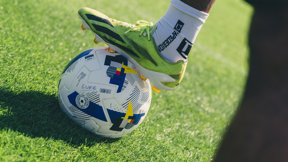 A close up of a football in training