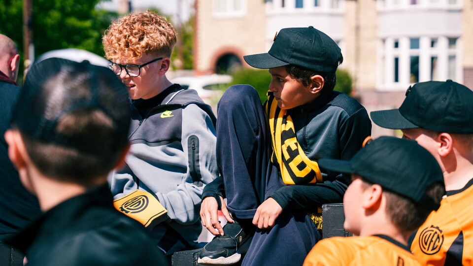 Young fans outside the Cledara Abbey Stadium